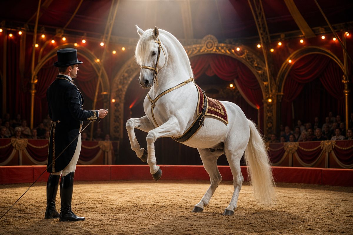 Weisses Pferd bei einer Dressur-Darbietung im Zirkusmanege